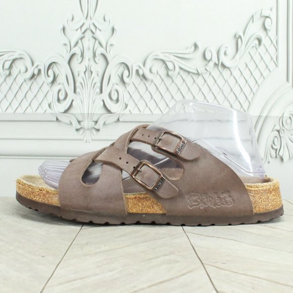 Birkenstock Shoes - Birkenstock Yao Womens Brown Leather Buckle Slide Flat Sandals Size 9